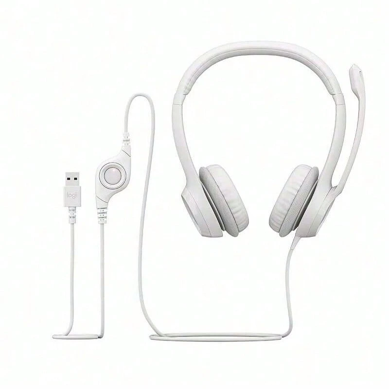 Logitech Auriculares USB H390 con cancelación de ruido, micrófono omnidireccional giratorio, control de volumen en línea, diadema cómoda y almohadillas transpirables, esenciales para centros de llamadas de clases en línea, color blanco - Blanco - Ver 1