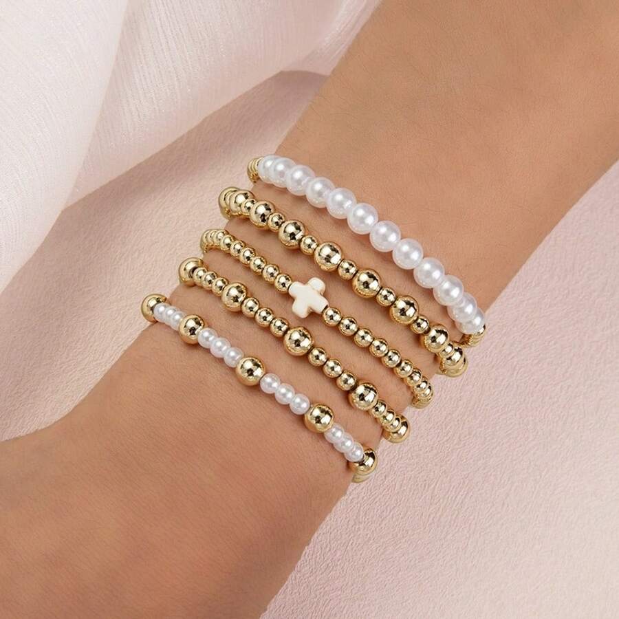 Fashion Personality Style Cross Pearl Beaded Elastic Women's Bracelet 5-Piece Set (Gold)
