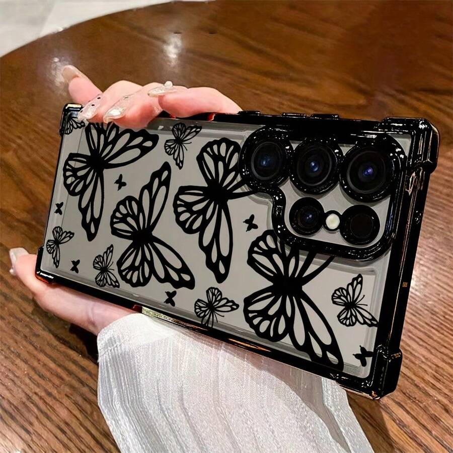 Funda de Teléfono con Patrón de Mariposa de Línea Negra para Samsung S25 S24 S23 S22 S21 FE Ultra Plus 4G 5G, Resistente a Impactos, Transparente, Cubierta Trasera Suave - Colores mixtos - Ver 1