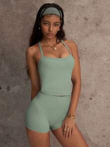 PinkTip Conjunto de top corto convertible con escote en V y shorts de ciclista de cintura alta, con detalle de espalda con corte láser y sistema de control abdominal, de cuatro direcciones de estiramiento, protección UVC, adecuado para gimnasio, yoga y deportes al aire libre en verano - Verde - Ver 4