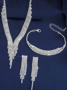 4 Pieces Fashion Temperament Shiny Rhinestone Tassel Earrings Necklace Bracelet Exquisite Elegant Women Dinner Party Jewelry Set - Bộ trang sức - Xem 5
