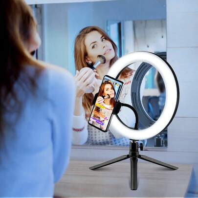 TOKQI 10" LED-selfie-ringlampa med stativ på skrivbordet, cirkellampa för smink/livestream, LED-ringlampa för skrivbordskamera med stativ och telefonhållare för livestream/fotografering/videoinspelning/vloggar