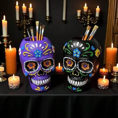 亡灵节糖骷髅铅笔筒 - 亡灵节和万圣节装饰品，彩绘艺术铅笔杯，祭坛装饰品，创意桌面收纳盒，艺术家和文化爱好者的礼物