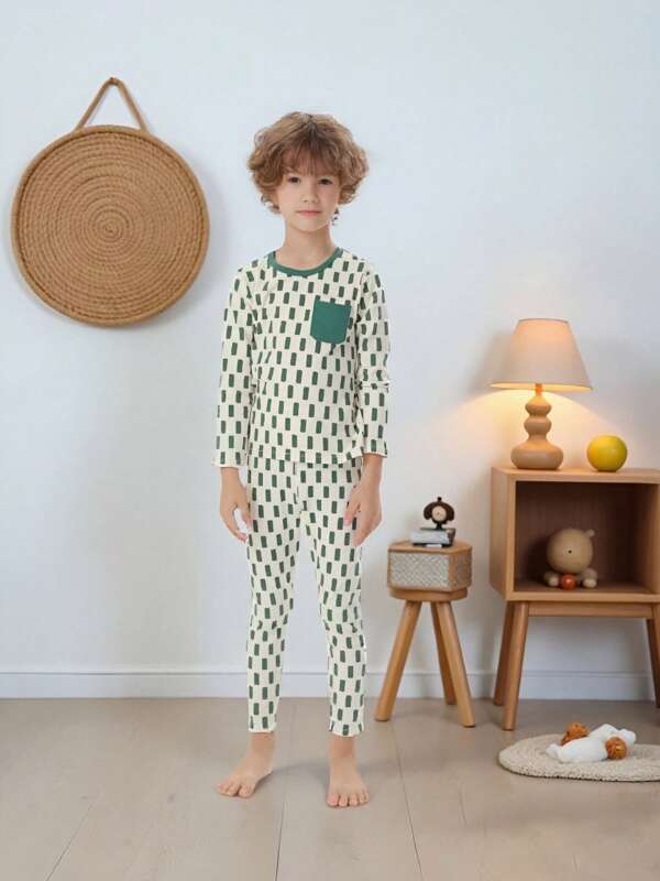 2Pcs Cotton Pocket Lamb And Green Spotted Printed Boys' Pajamas Set 5-8 Years Old Kids Long Sleeved Top And Pants Spring Summer Autumn Soft Homewear Home Clothes
