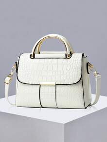 女士优雅鳄鱼压纹单肩包 - 轻巧大容量多功能斜挎包/手提包，磁扣设计，金色金属配件和可调节肩带，适合女孩、女士、大学生、新人和白领，适合休闲和正式场合（白色、卡其色、粉色、蓝色、黑色），鳄鱼皮钱包 - 白色 - 查看 5