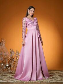 Mgiacy,New ArrivalFOR,V Neck,Sweet,Ladies' Ball Dress,Contrast Lace,Flounce,High Slit,Satin,Long Dress,FOR,Wedding Guest