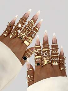 50pcs/Set Elegant Vintage Mauve Color Women's Gold Tone Ring Set, Includes Square, Butterfly, Heart Shaped Wide Band Designs, Suitable For Daily, Vacation, Party, Wedding Wear, Fashionable Versatile Jewelry Gift Set For Family And Friends