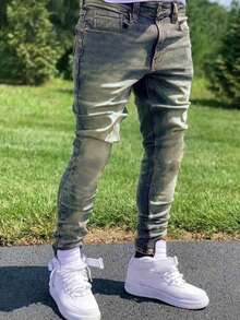 1pc Men's Elastic Skinny Fit Distressed Versatile Jeans, Outdoor Comfortable Casual Cargo Slim Fit Jeans, Suitable As Gift For Husband/Boyfriend, Daily Wear, Emo Style - Blue - View 2