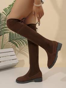 Breezelady New Chunky Heel Pointed ToeVersatile Over The Knee Boots, BrownThigh High Boots, Flat Platform BootsFor Women ,Match With SweaterDress - màu nâu - Xem 6