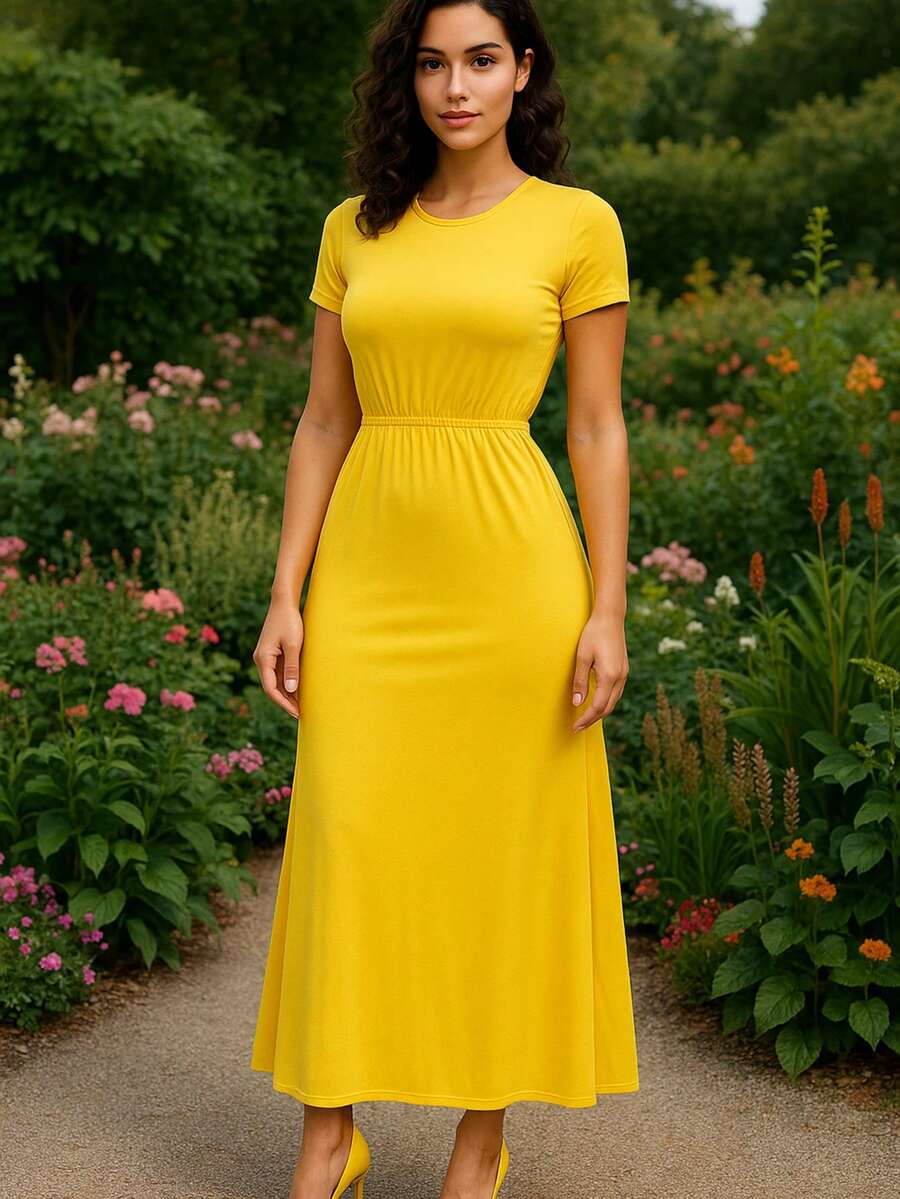 Vestido largo manga corta - Amarillo - Ver 1