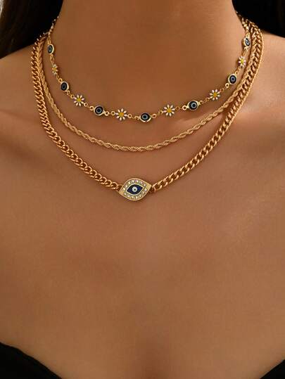 3 Adet/takım Moda Şeytan Gözü Metal Zincir Kolye Seti, Minimalist Gerdanlık Kolye Kadınların Günlük ve Dışarı Giyimine Uygun, El Yapımı Zincir Uzunluğu Özelleştirilebilir