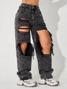High Waist Straight Leg Ripped Pocket Jeans - Black - View 1
