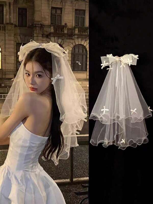 1pc Bridal Butterfly Veil, Halloween Ghostly Bride Veil Black & White Wedding Dress Butterfly Headpiece For Women