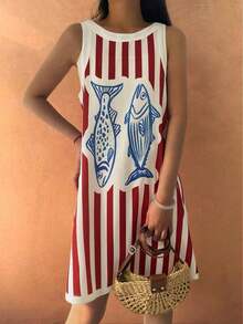 Women Y2k Graphic Tank Mini Dress Fruit/Lobster/Fish Print Sleeveless Crewneck Loose Fit Short Dress Summer Casual Going Out Boho Dresses Beach Vacation Cute Sundress - 紅色 - 查看 3