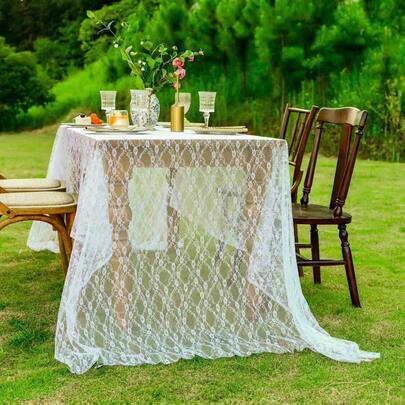 1 件复古美式乡村风格蕾丝桌布，纯色，适合婚礼、派对、北欧风格