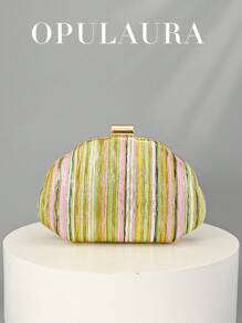 OpulAura 多色条纹闪光手拿包，女士简约贝壳形奢华皮革晚宴手提包，优雅迷人，适合正式礼服，闪闪发光的鸡尾酒会钱包，浪漫婚礼手拿包，配有可拆卸链条 - 彩色 - 查看 7