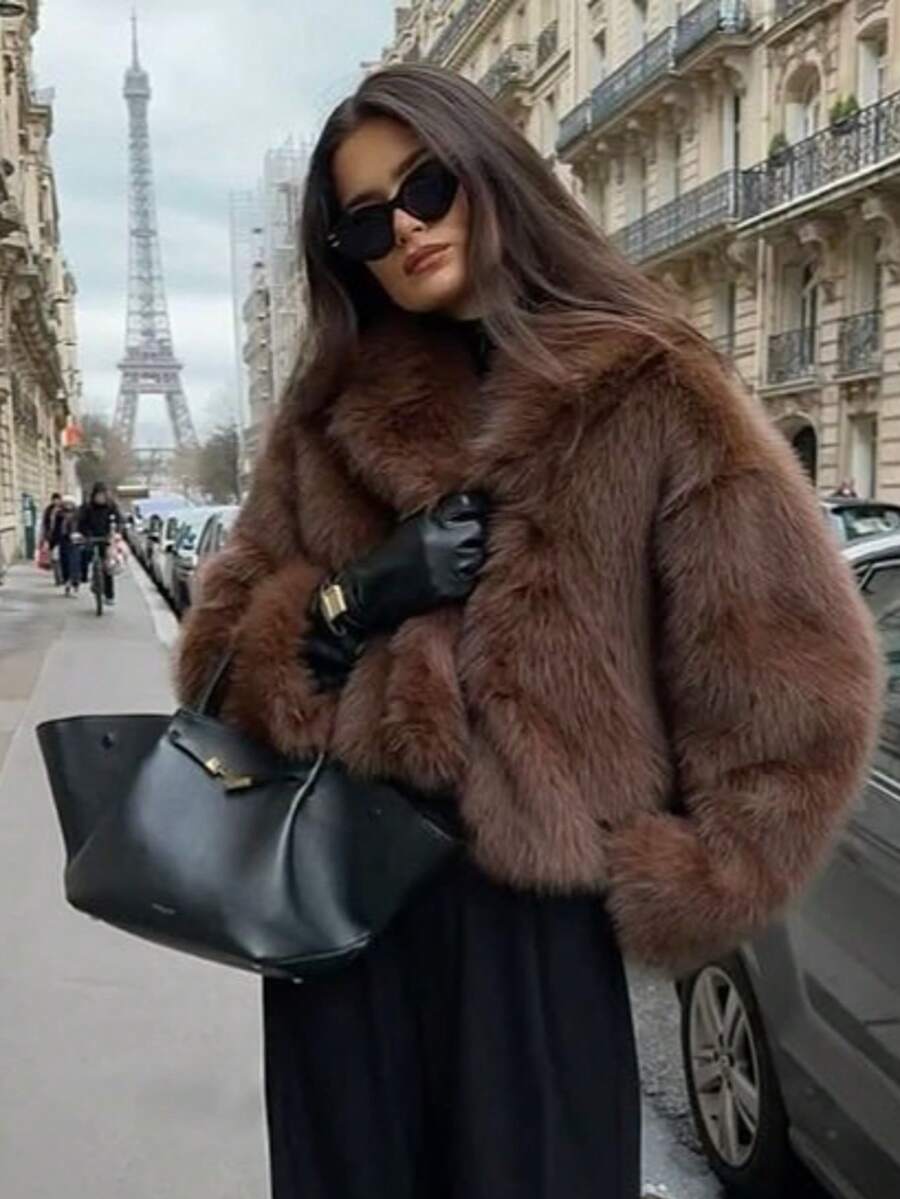 HH Faux Fur Jacket For Women Elegant Solid Lapel Long Sleeve Coat Casual Loose Female Winter Oversize Lady Chic Streetwear Jakcets - 紫紅色 - 查看 1