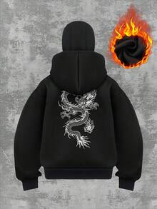 女士秋季返校双连帽开衫卫衣，时尚街中国龙印花双连帽开衫，黑色 - 黑色 - 查看 2