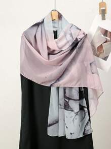 1 件女士时尚波西米亚水墨画海军蓝大理石印花面纱围巾，日常休闲街头佩戴围巾，秋季 - 灰粉 - 查看 5