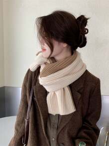 1条女士时尚双色交叉针织羊毛加厚围巾头巾，百搭休闲秋冬保暖颈巾，适合日常搭配连衣裙 - 彩色 - 查看 2