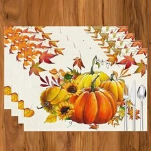 1 pieza/4 piezas/6 piezas Manteles individuales de lino con estampado de calabaza, decoración de Acción de Gracias, adecuados para mesa de comedor, todo el año, manteles de mesa modernos lavables, decoración del hogar, manteles individuales, posavasos, alfombrillas de cocina y comedor, decoraciones de fiesta interior y exterior, regalo ideal