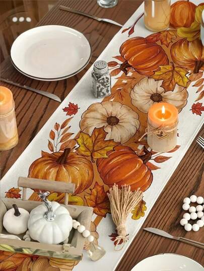 1 pieza, Camino de mesa con rayas de hojas de arce y calabaza naranja, decoración de otoño estacional para la cocina y el comedor en el hogar y fiestas