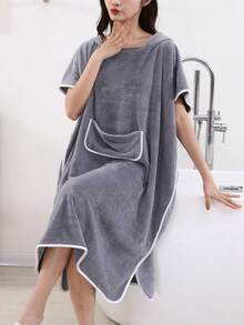 1pc Women Sleeveless Coral Fleece Hooded Bath Robe, Thick Absorbent Quick Dry Bathrobe Cloak For Home Use - Grey - View 1
