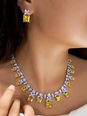 1 Set Vivid Silver Plated CZ Leaf Yellow Square Dangle Drop Necklace Earrings Cubic Zirconia Jewelry Set For Brides, Wedding, Engagement, Banquet, Party, Women, Ladies, Bridesmaids, Girlfriends, Mother Gift