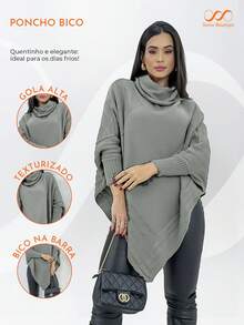 Swisz Women's Winter Poncho Knit Long Sleeve V-Neck Sweater With Scarf - 淺灰色 - 查看 4