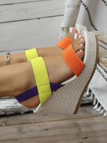 大码女式坡跟厚底凉鞋，欧美跨境大码坡跟凉鞋，绳编厚底时尚高跟凉鞋，厚底套脚高跟凉鞋 - 黃色 - 查看 6