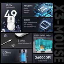 ATTACK SHARK Mouse Sem Fio, Mouse Gamer Attack Shark X3 com Sensor de Jogo PixArt PAW3395, BT/2.4G/Com Fio Macro DPI Médio Mão Leve Várias Cores Opcionais, Presente do Dia dos Namorados Periféricos de Computador