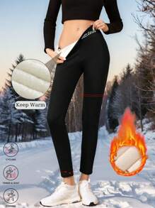 Women Thermal Thermal Lined High Waisted Leggings Seamless High Waist Letters Sports Pants Workout Winter Warm Thick Tights Soft Yoga Pants, Women's Clothing High Elasticity Tummy Control Black Autumn And Winter Pants