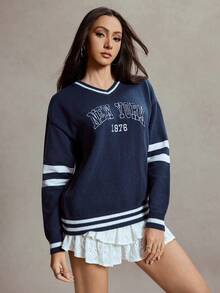 Women's New York Letter Pattern Sweatshirt V Neck Long Sleeve Pullover, Cable Knit Striped Casual Tennis Loose Top, Spring Autumn Winter - Multicolor - View 2