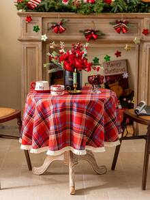 Cirelle 1pc Round Christmas Tablecloth, Classic Red & Green Plaid, Suitable For Christmas, Weddings, Parties And Other Dining Table Decor