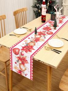 1pc Merry Christmas Table Runner, Christmas Flower Christmas Ball Design Christmas Table Cloth, Christmas Decorations For Home, Room Decor, Christmas Party Decor, Christmas Ornaments, Christmas Tablecloth, Xmas, Christmas Eve, Christmas Presents, Christmas Gifts, Christmas Kitchen Decor, Winter Decor, 2026 New Year Decorations