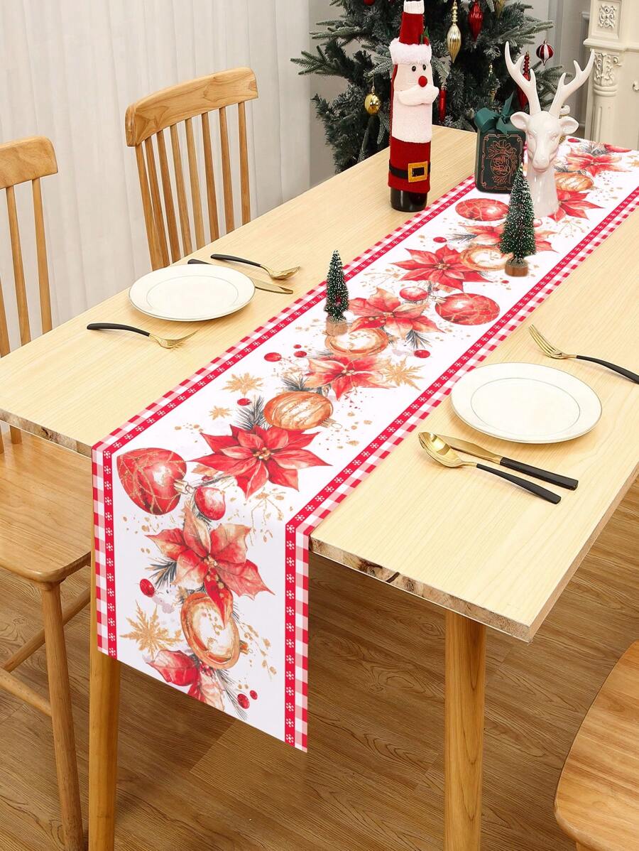 1pc Merry Christmas Table Runner, Christmas Flower Christmas Ball Design Christmas Table Cloth, Christmas Decorations For Home, Room Decor, Christmas Party Decor, Christmas Ornaments, Christmas Tablecloth, Xmas, Christmas Eve, Christmas Presents, Christmas Gifts, Christmas Kitchen Decor, Winter Decor, 2026 New Year Decorations