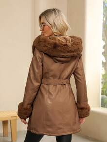 Chaqueta de mujer de PU con piel sintética y cinturón - Perfecta para otoño e invierno, elegante con cintura ajustable para uso casual o ir al trabajo