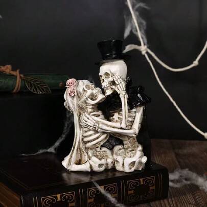 قطعة واحدة تمثال زوج هيكل عظمي لهالوين، حرفة راتنج منزلية، ديكور عطلة إبداعي، ديكور بموضوع الرعب