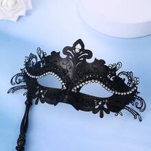 JewelryWe Jewelry Masquerade Mask Mask With Stick Venetian Lace Eye Mask Lace Mask Face Costume For Halloween Carnival Party Cosplay - Black - View 6
