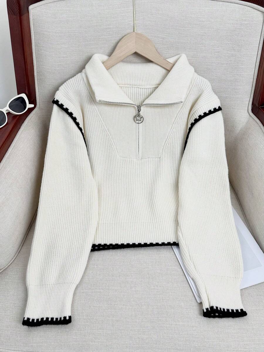 Half-Zip High Neck Patchwork Knit Sweater, Loose Design Casual Pullover Top - White - View 1