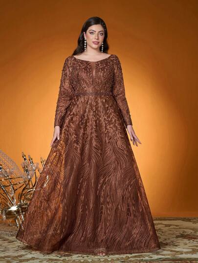 Anpoket New Arrival Round Neck Embroidery Contrast Lace Hot Fix Nailed Bead Long Sleeve Evening Dress