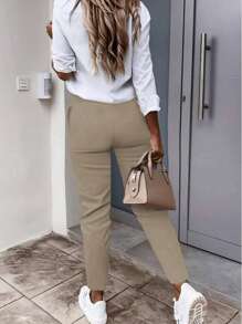 Women's Trousers, Solid Color Stretchy 9-Inch Pants, With Pockets, Zipper And Button Closure, Casual And Business Style Long Pants.