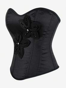 纯色紧身胸衣上衣，优雅的骨架紧身胸衣，无肩带塑身内衣，系带后背，修身紧身胸衣短款上衣，适合万圣节 - 黑色 - 查看 3