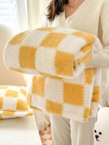 1 件黄色格子图案柔软舒适毛毯，适用于家居装饰、床、沙发、办公室、房间、宿舍，可机洗 - 黃白色 - 查看 7