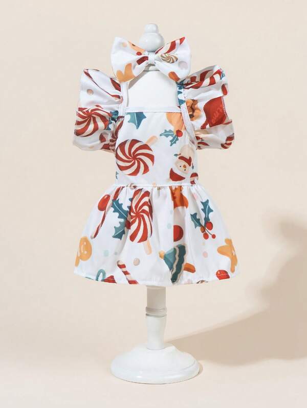 1 Set Pet Tulle Dress With Bow Tie, Cute Fashion Printed Dress + Bow Tie Pet Costume, Elastic Mesh Princess Pet Dress For Dogs & Cats