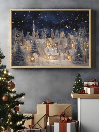 1pc Vintage Christmas Wall Art Christmas Snow Landscape Village Night Stars Poster Canvas Prints Painting Modern Winter Home Decoration, Ice Skating Oil Painting Horizontal Print Winter Night Canvas Wall Art Mountain Village Decor Christmas Decorations Room Decor