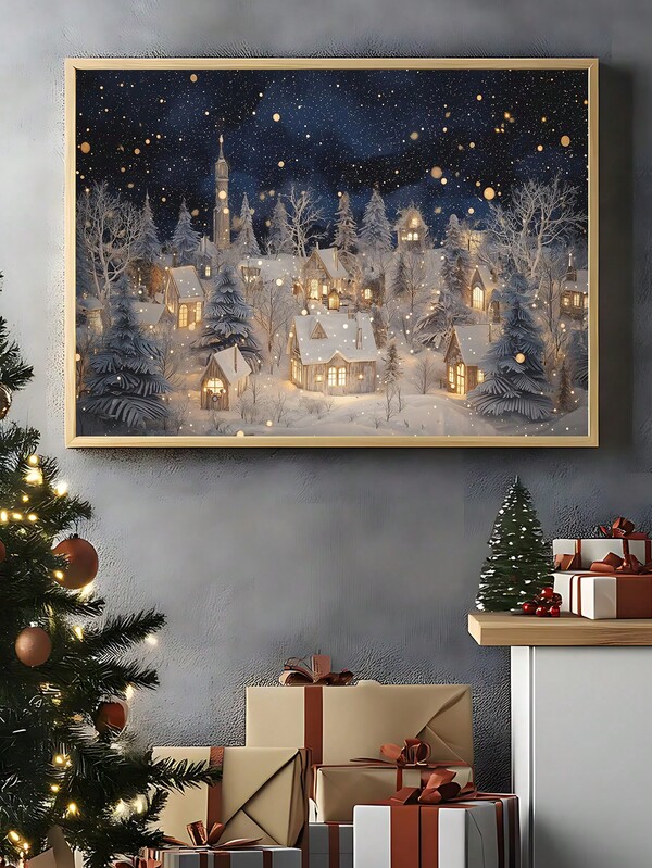 1pc Vintage Christmas Wall Art Christmas Snow Landscape Village Night Stars Poster Canvas Prints Painting Modern Winter Home Decoration, Ice Skating Oil Painting Horizontal Print Winter Night Canvas Wall Art Mountain Village Decor Christmas Decorations Room Decor