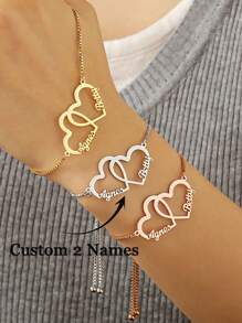Customized Name Bracelet Personalized Double Name Heart Bracelet For Women Men Stainless Steel Customized 2 Names Bracelet Couple Jewelry Wrist Accessories Gift Valentine's Day Gift Memorial Day Gift Mother's Day Gift