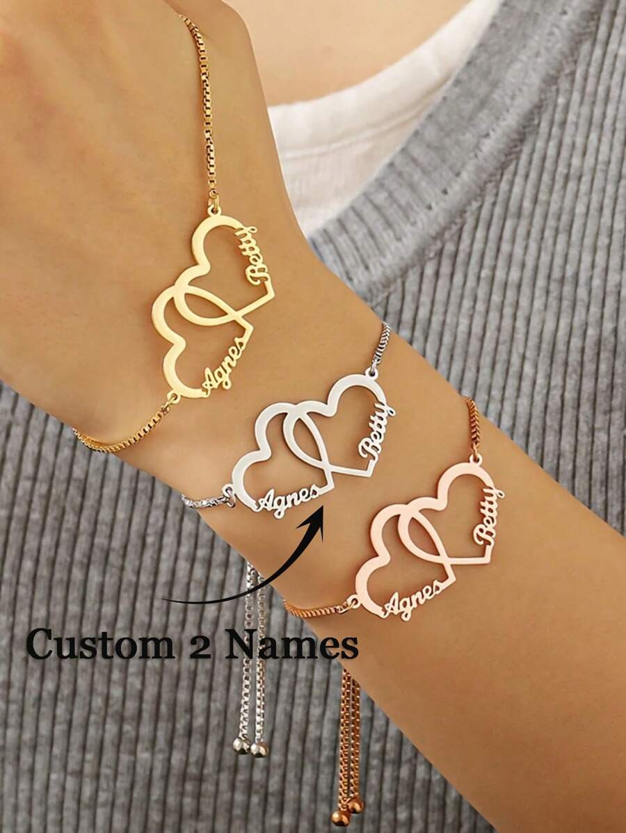Customized Name Bracelet Personalized Double Name Heart Bracelet For Women Men Stainless Steel Customized 2 Names Bracelet Couple Jewelry Wrist Accessories Gift Valentine's Day Gift Memorial Day Gift Mother's Day Gift