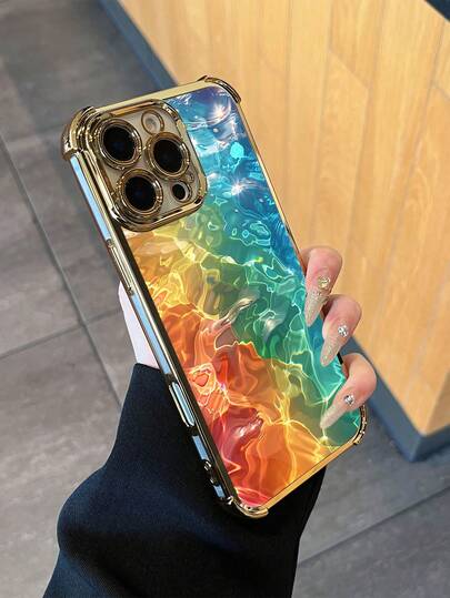 Wave Ripples 1pc Gold Electroplated TPU Shockproof Phone Case With Colorful Wavy Pattern, Four-Corner Air Cushion Protection, Compatible With Apple 16/16Pro/16ProMax/16Plus/15/15Plus/15Pro/15Promax, 14/14Plus/14Pro/14 Pro Max/14/13/13 Pro/13 Pro Max/12/11